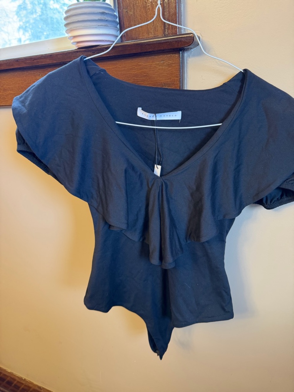 Susana Monaco Black Ruffle V-Neck Bodysuit